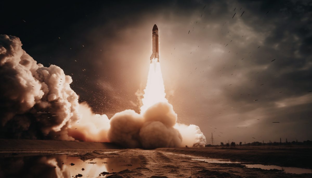 A rocket launching at golden hour — the bet, the heat, the commitment in motion