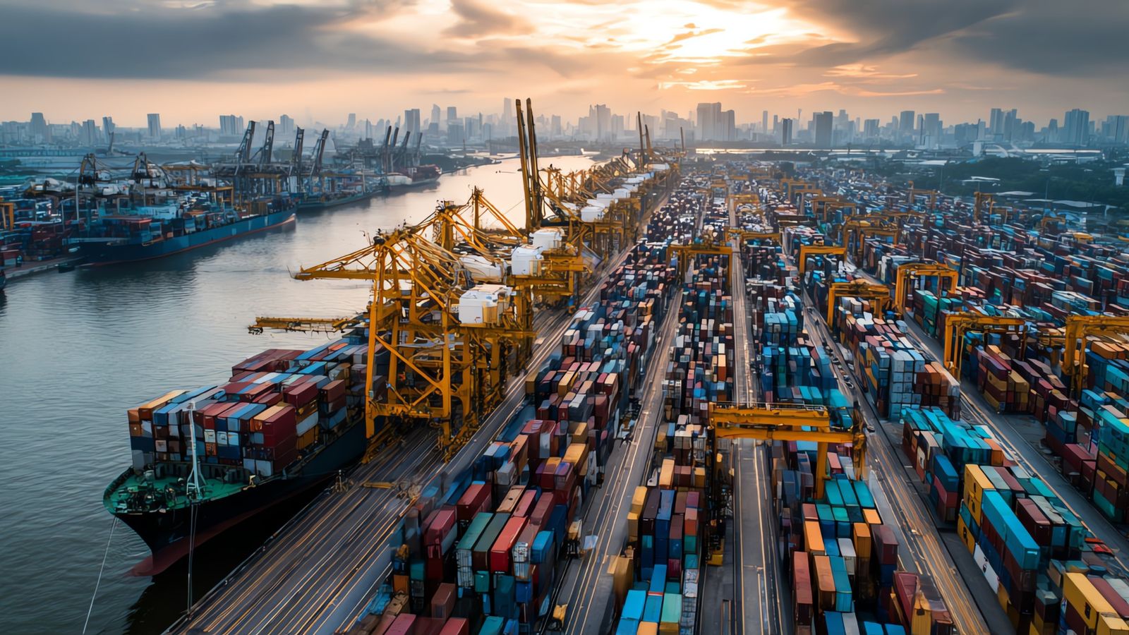 Aerial view of a container port at sunset, gantry cranes and container stacks with a city skyline behind