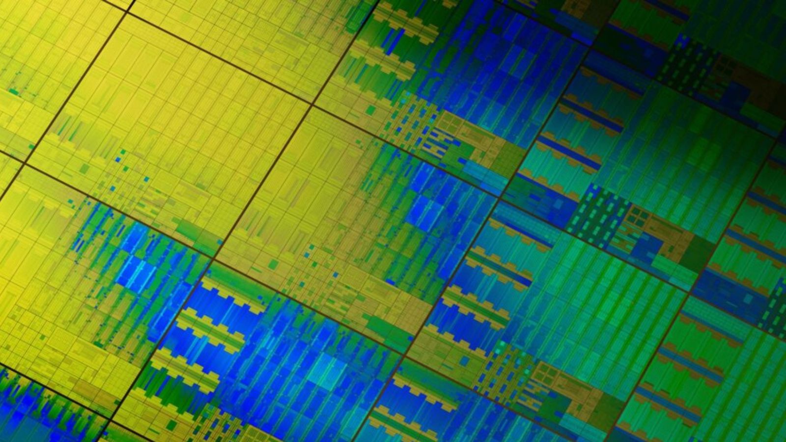 Close-up of a silicon wafer showing the integrated-circuit grid