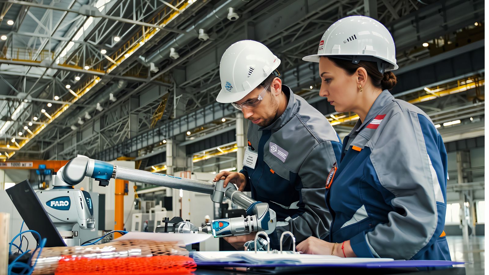 Two engineers in hard hats and PPE working a portable arm CMM over a part on the shop floor, bright hall behind, measurement as the moment of truth