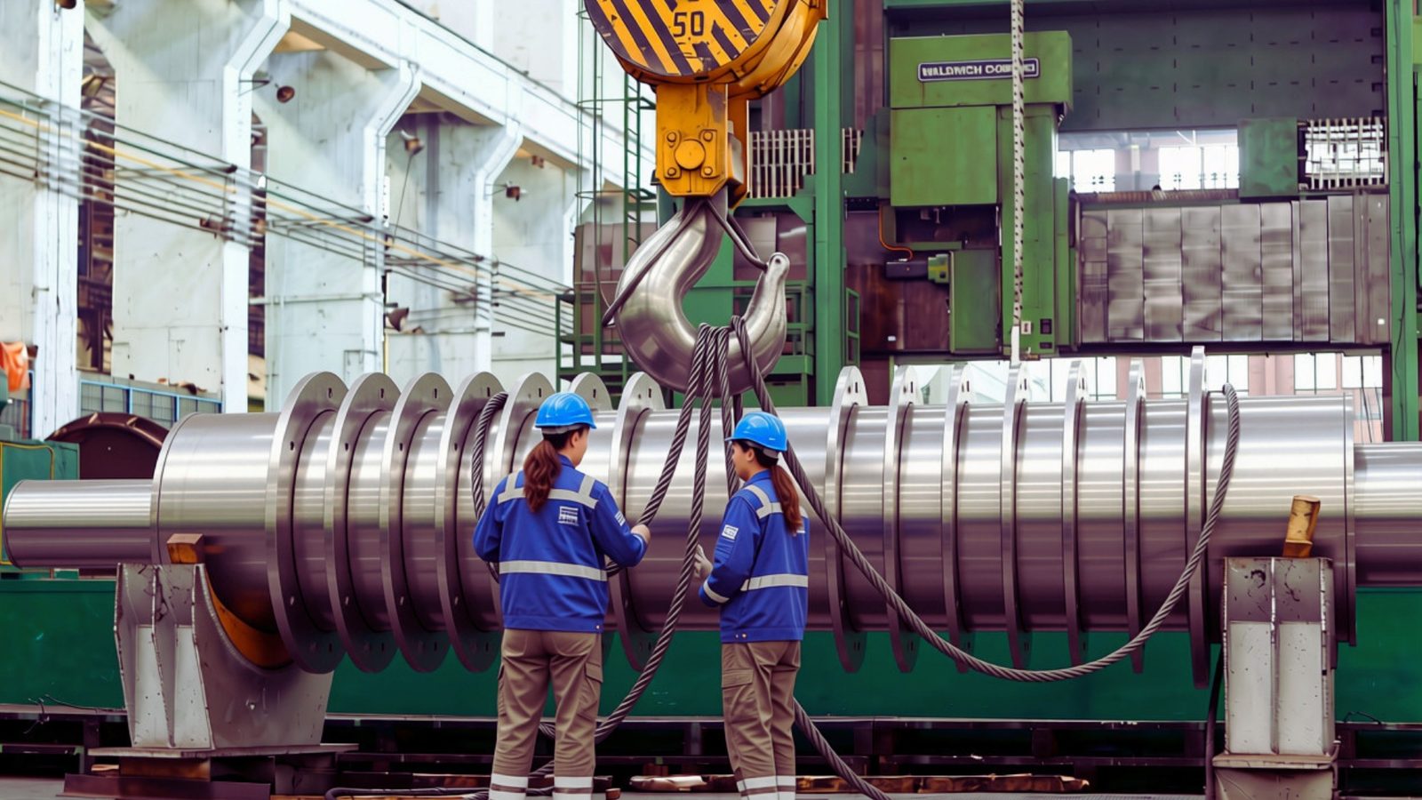 Two riggers in blue overalls and hard hats slinging a large machined roll under a fifty-tonne crane hook on a heavy engineering shop floor