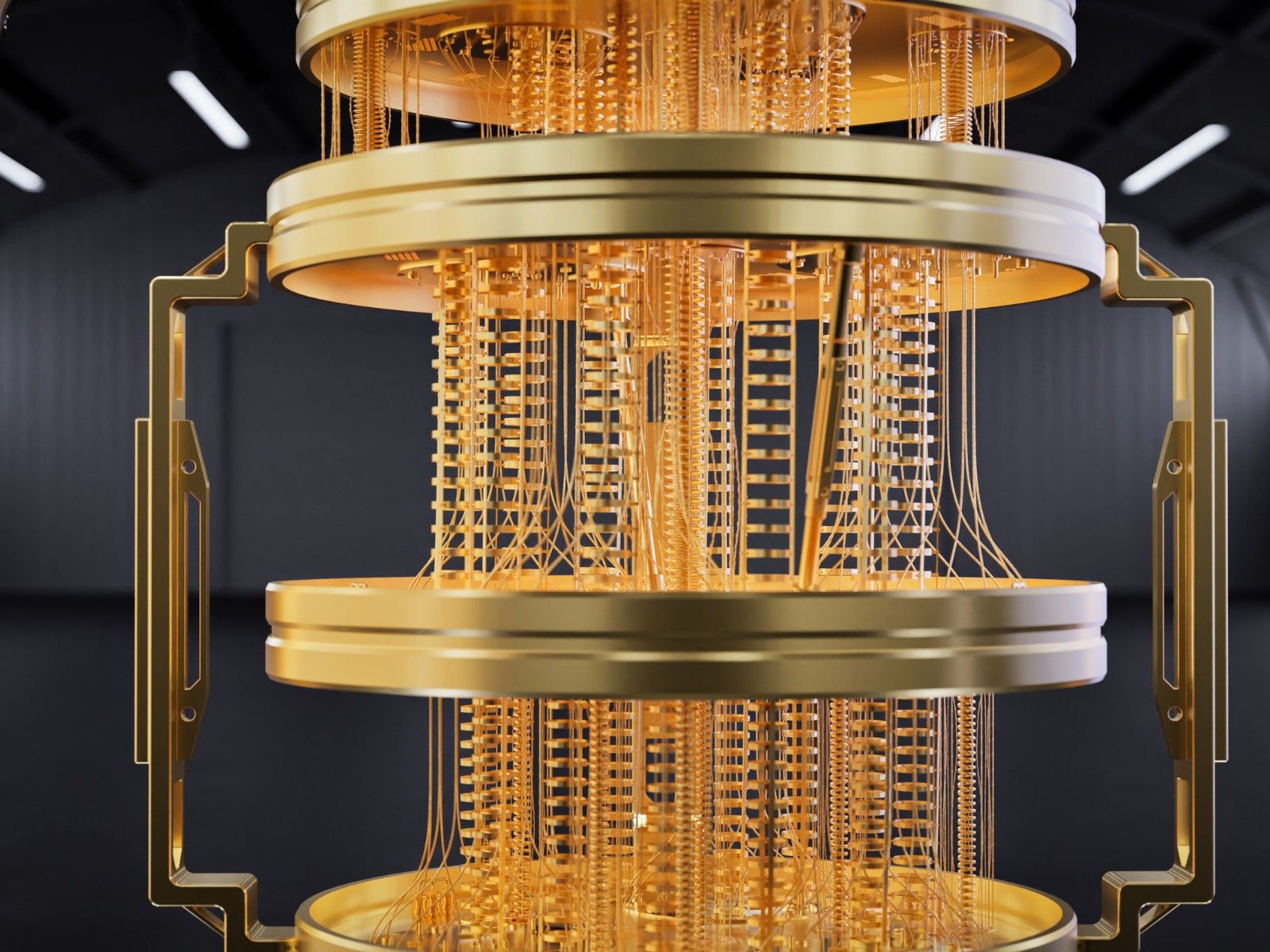 Render of a quantum-computer dilution-fridge chandelier — gold-plated copper plates and dense vertical bundles of micro-coaxial cabling, the literal artefact of cryogenic-stack engineering.