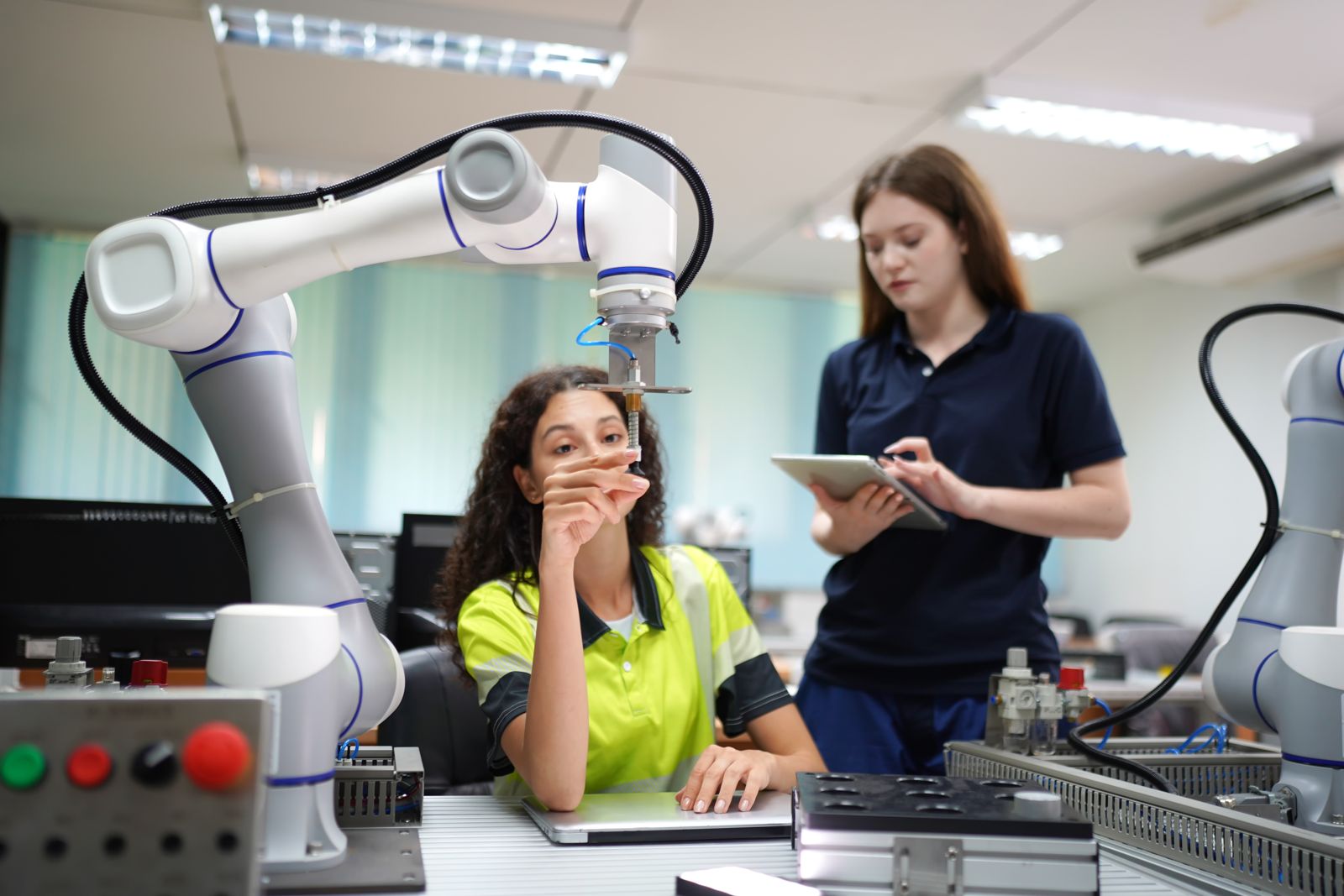 Two engineers working with a collaborative robot on a production line — one operating, one inspecting the cobot hand