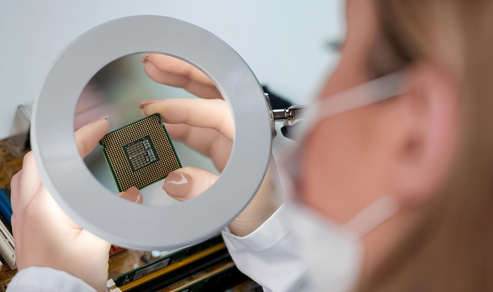 Technician in mask and gloves examining a processor die through a large ring magnifier at an inspection bench