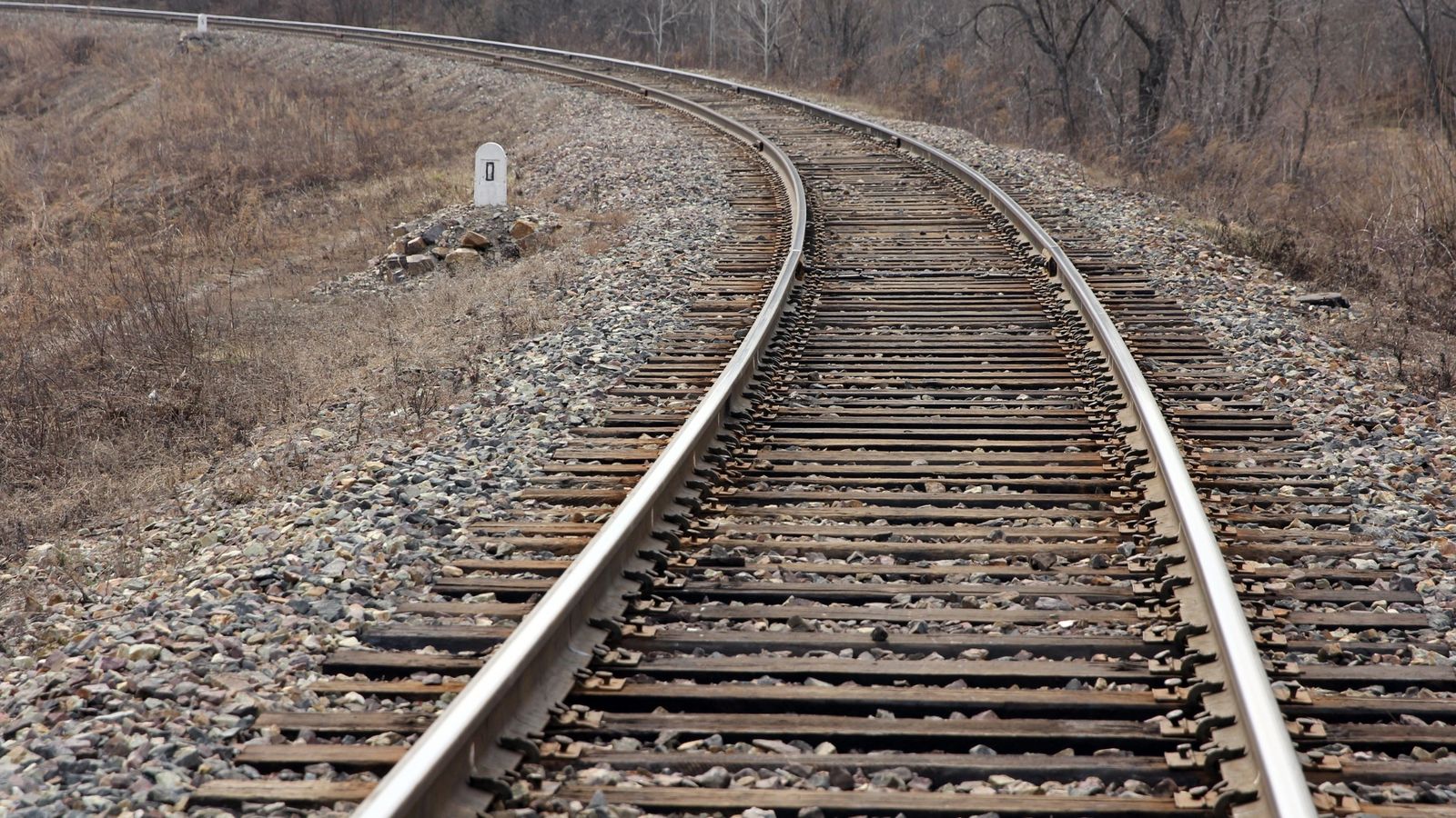 Ballasted railway track curving away through scrub with a white milepost beside it, ground level, permanent way and the long horizon