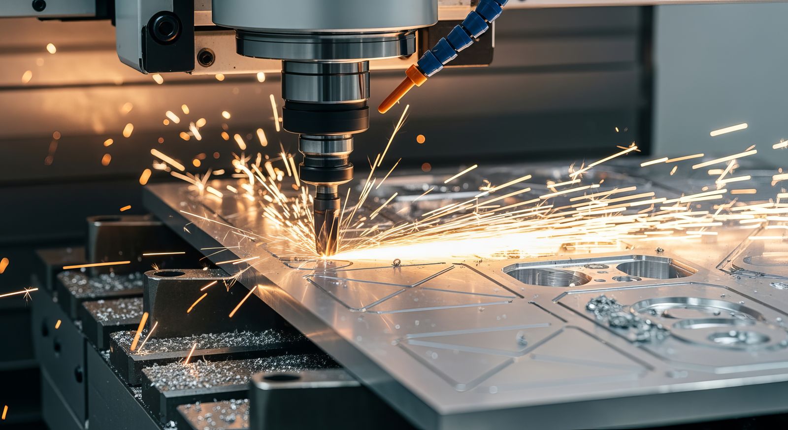 CNC milling machine throwing vivid orange sparks across a flat metal plate, high-precision metalwork against a dark grey shop-floor backdrop